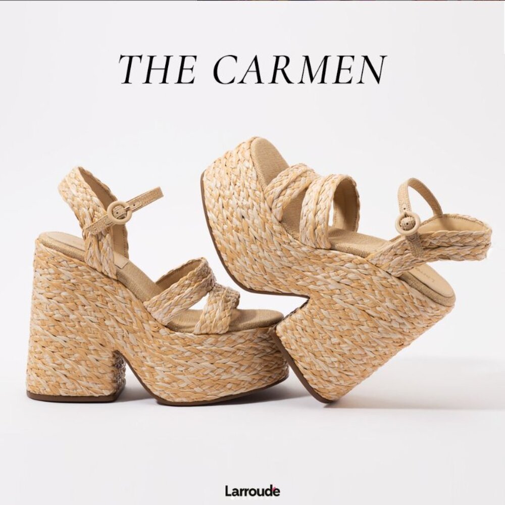 Larroude The Carmen Woven Platform Sandals in Natural Straw